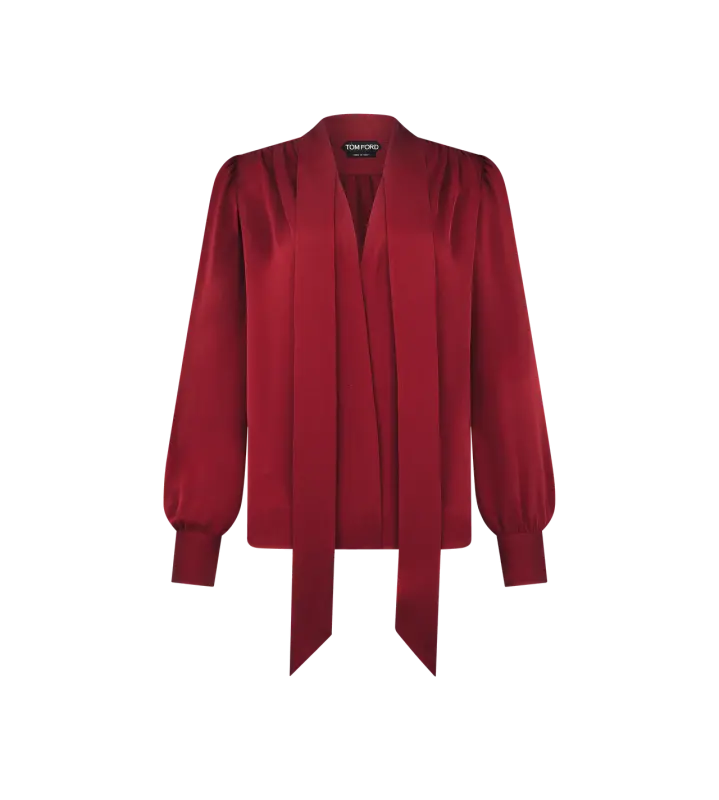 LONG SLEEVE V-NECK LAVALLIERE SILK BLOUSE CRIMSON online